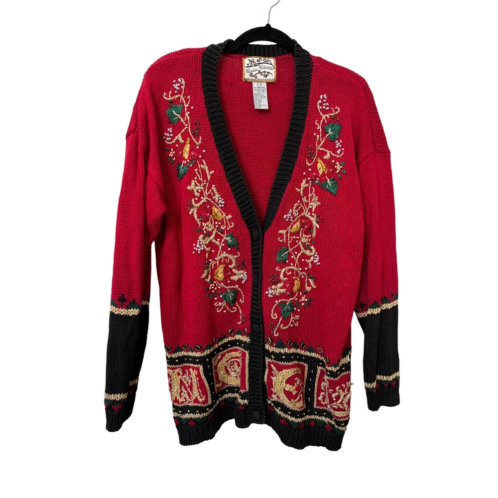 Heirloom Collectibles Vintage 90s Red Beaded Embroidered Christmas Cardigan L